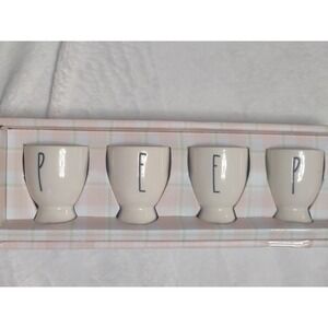 Rae Dunn PEEP Egg Cup Set 4 Piece White Ceramic Easter Spring Decor Magenta